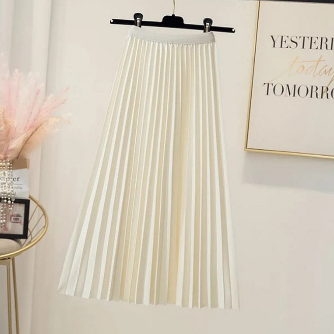 구디프 여성용 광택 A라인 플리츠 주름 밴딩 롱스커트