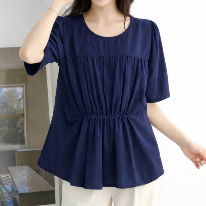 라라온 라운드넥 셔링 주름 반팔 블라우스 26TSP3867