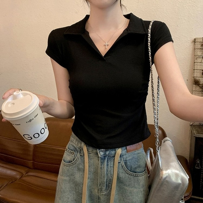 아이엠몽 여성용 슬림핏 오픈카라넥 무지 캡소매 반팔 티셔츠 R6H089