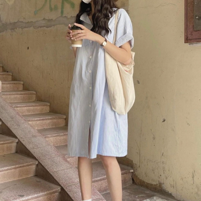 PEONIST 襯衫寬鬆版型中長版連身裙 含大尺碼, 藍色