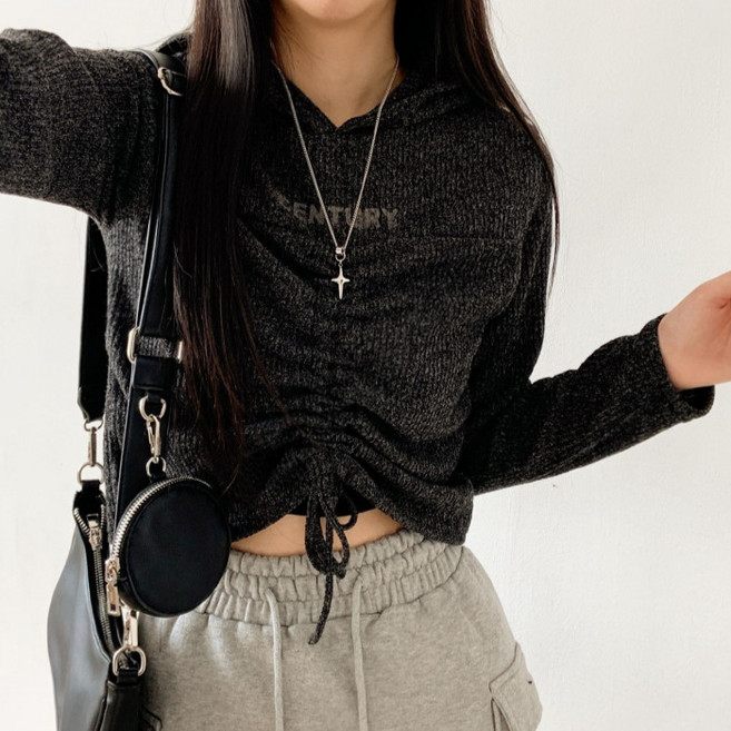 라라온 여성용 국내산 셔링 스트랩 후드 니트 티셔츠 TSP3060