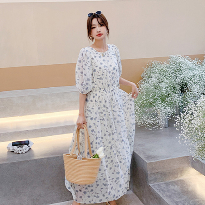 레몬소울 해핀 밴딩 퍼프 롱 원피스