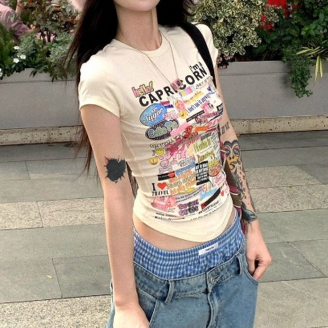 피어니스트 여성용 헬로 카툰 프린팅 슬림 반팔 티셔츠