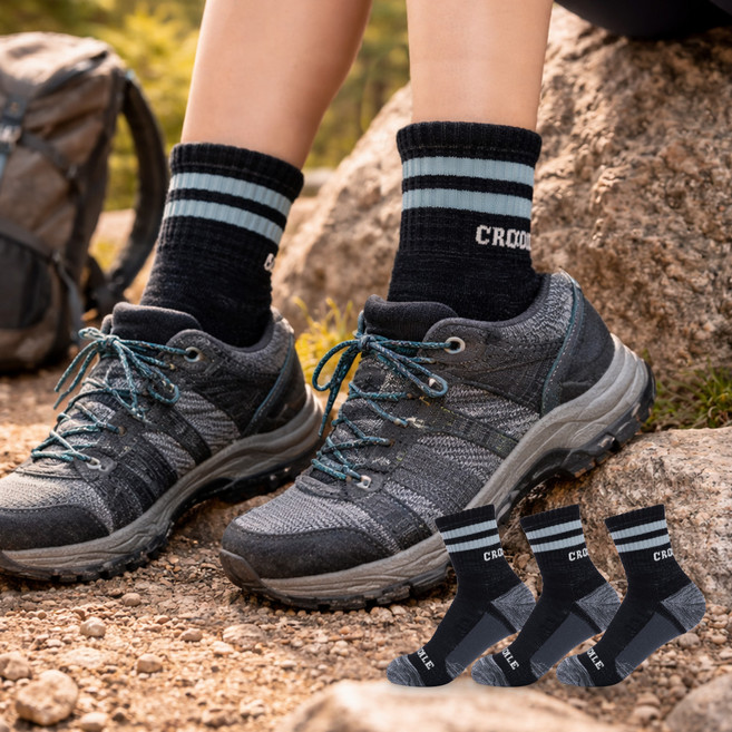 크로커다일 여성용 쿠션 스포츠 중목 등산양말 CD397, 차콜, 3개