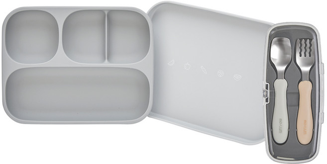 모윰 실리콘 트레이 흡착식판 + 자기주도 실리콘 스푼포크 + 케이스 세트, 그레이, 1세트