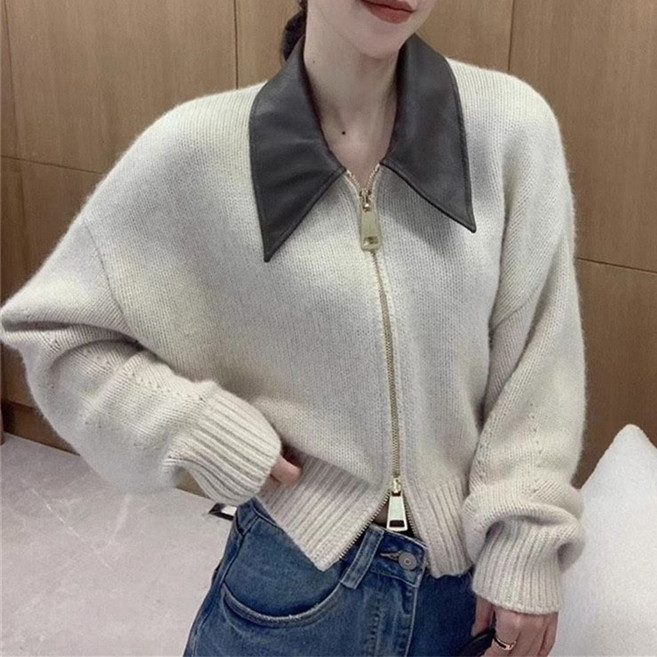 페이퍼먼츠 여성용 배색 가죽 카라넥 니트 집업 가디건 11918