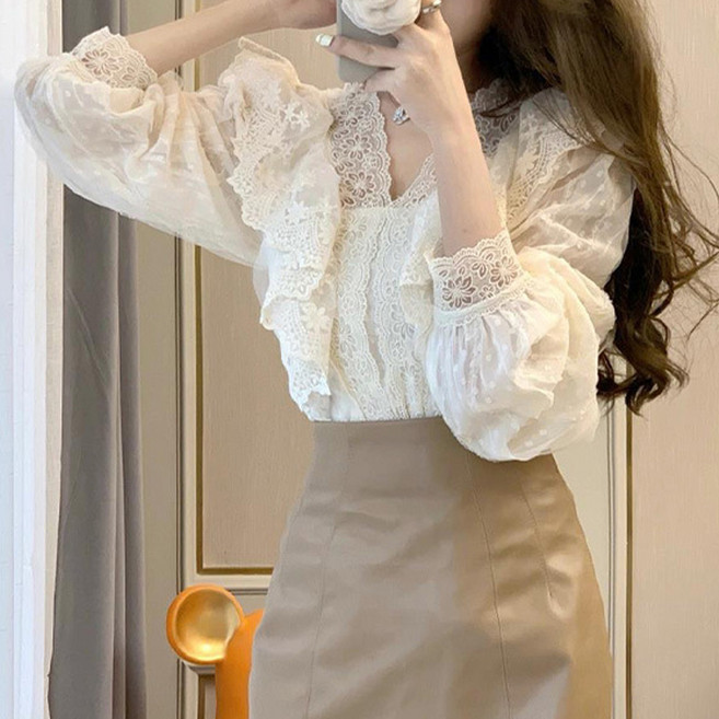 Raratina 女款 Chelve 可愛蕾絲透視長袖襯衫