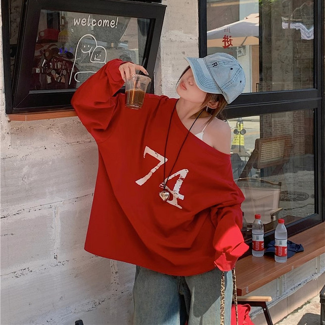 피어니스트 루즈핏 오프숄더 프린팅 스웻 맨투맨