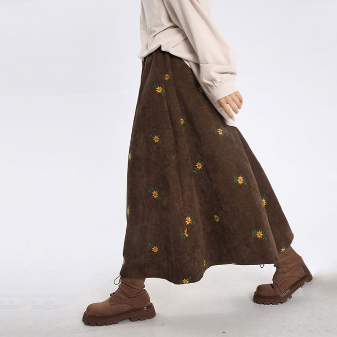 PEONIST 花朵刺繡燈芯絨長裙