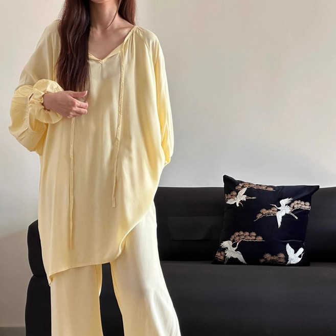 엘쏘 여성용 홈웨어 브이넥 벌룬 퍼프 오버핏 잠옷 상하의 세트