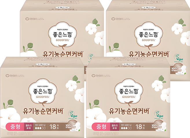 GOODFEEL 有機純棉表層 超薄衛生棉 翅膀型, 中型(24cm), 18片, 4包