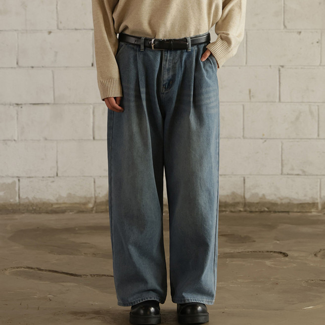 플레이즈 남성용 원핀턱 와이드 벌룬 청바지