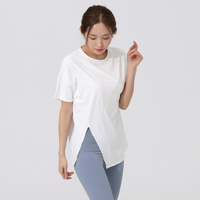 arua 아루아 여성용 사이드 오픈 오버핏 힙커버 반팔 요가 티셔츠