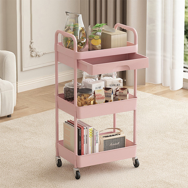 맙소샵 이동식 다용도 수납 트롤리 BRP373, 핑크, 3단