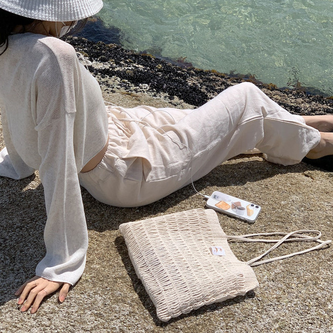 뜨개사계절 코바늘 여름 비치 네트백 만들기 DIY 패키지, 오트밀 베이지, 1개