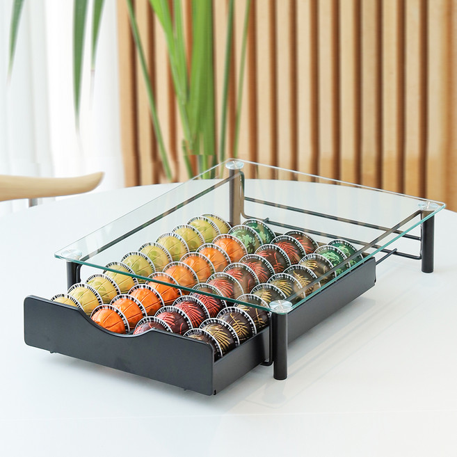 유얼홈 홈카페 멀티 강화유리 서랍 커피캡슐 40구 보관함, 블랙, 1개