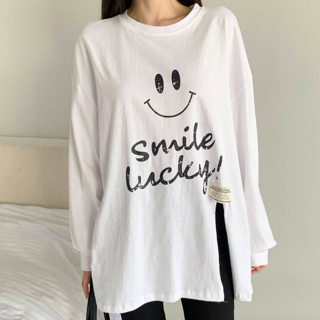 라라온 여성용 면 라벨 트임 스마일 박스 긴팔 티 26TSP3708