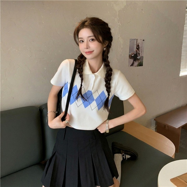 여성용 프레피 무드 아가일 카라 반팔 티셔츠