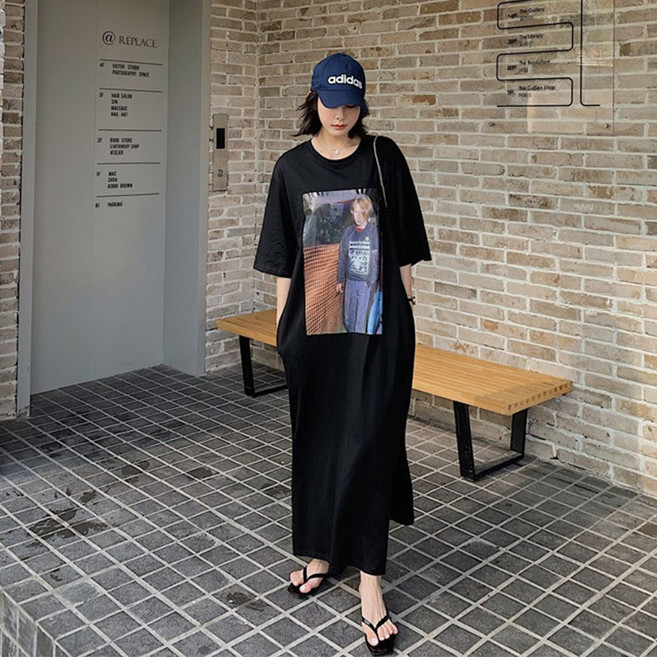 Andaromi Jason 轉印寬鬆長版連身裙, 黑色