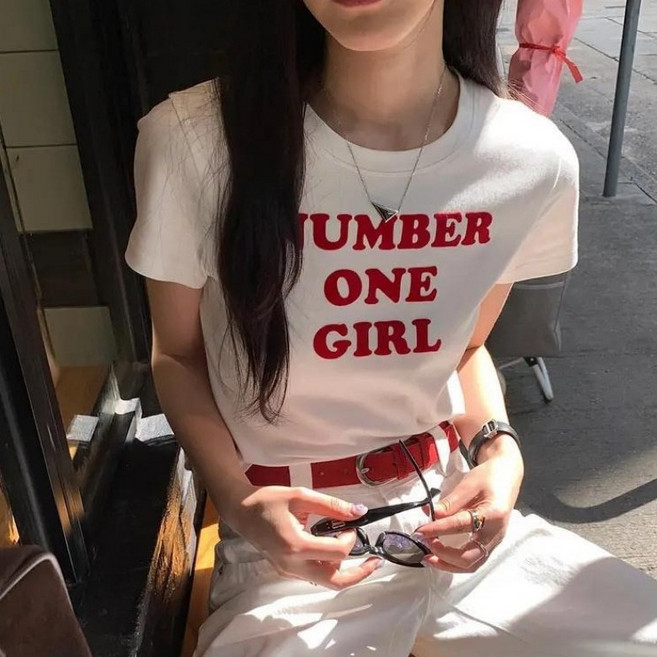 아이엠몽 여성용 베이직핏 라운드넥 프린팅 포인트 반팔 티셔츠 R6H099