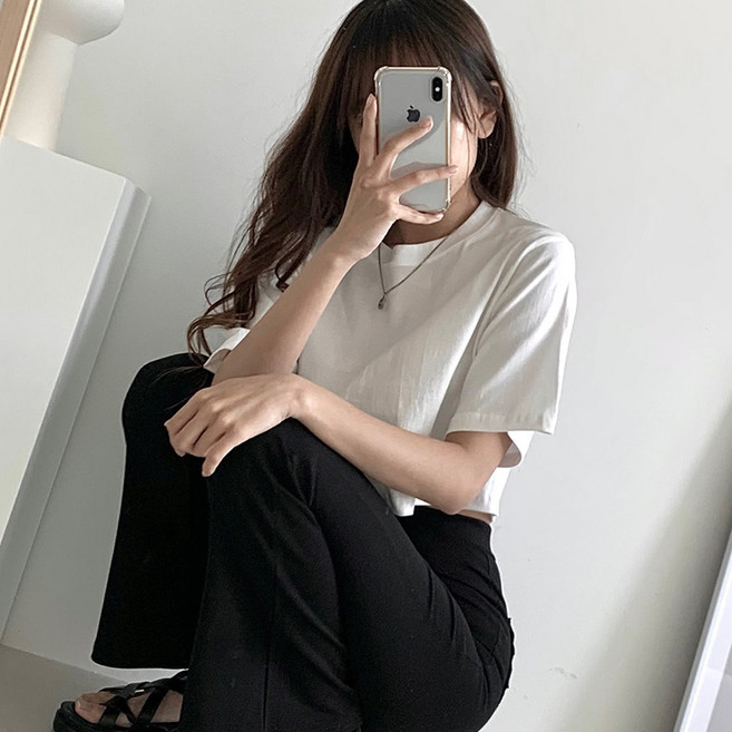 더매드문 여성용 통기성 오버핏 코튼 무지 반팔 크롭 티셔츠