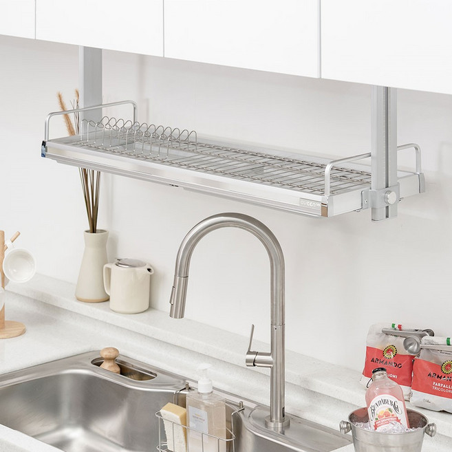 퀸넥스 높이조절 스톤S 부착식 식기건조대 900-410mm, 1단, 실버, 1개