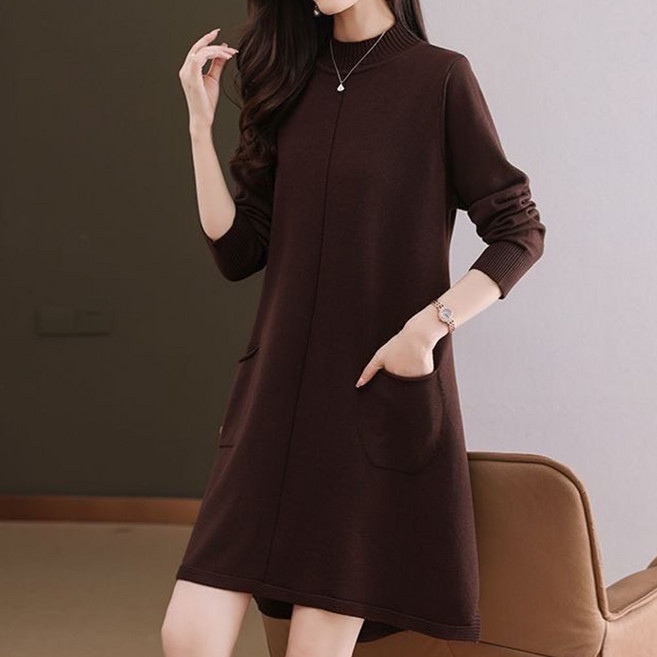 ATTERLIC Eloa 羅紋領口袋針織中長版連身裙 11225, 深棕色