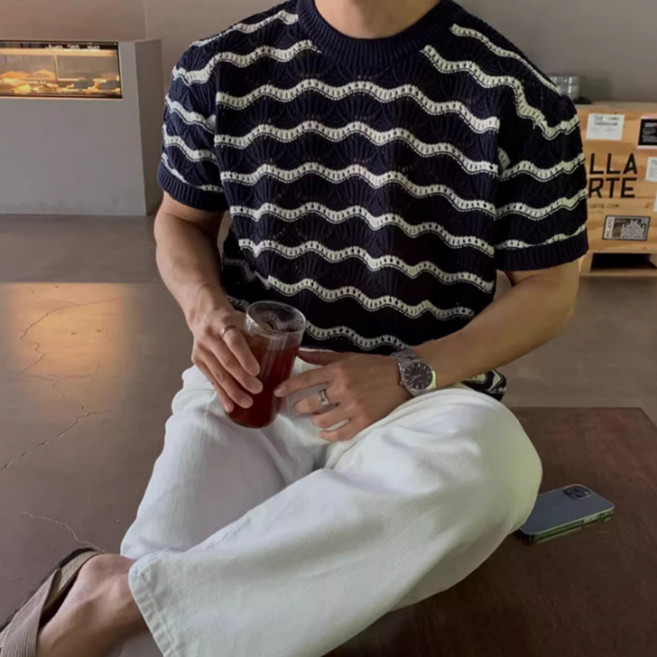 인피어스 남성용 물결 스트라이프 반팔 니트 I263-186