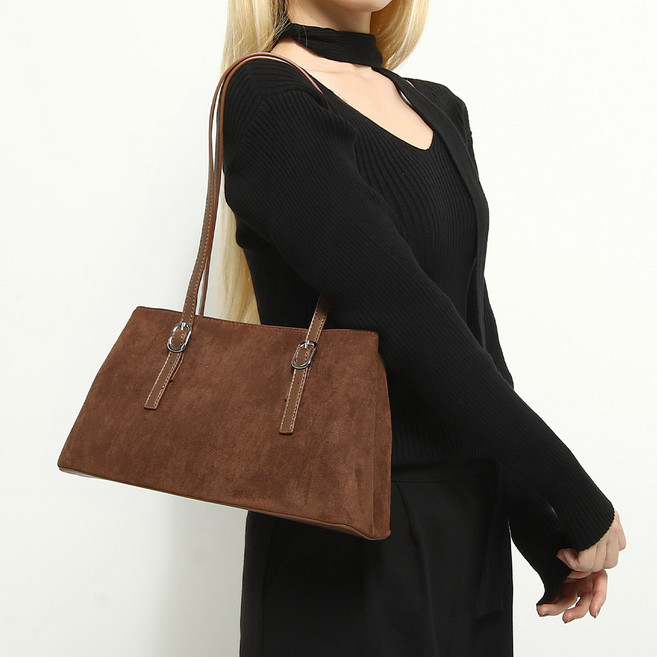 FROM HEAVEN 天鵝絨麂皮方形肩揹包 S487, 駝色