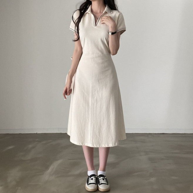 아이엠몽 여성용 슬림핏 오픈 카라넥 배색 라인 반팔 원피스 R6H116