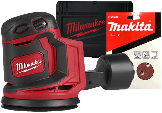 밀워키 18V 원형 충전샌딩기 샌더 베어툴 125mm M18 BOS125-0X + 케이스 + 마끼다 샌딩페이퍼 60방 10p, 1세트