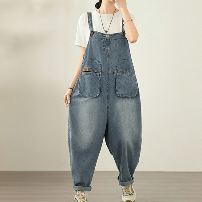 퀸이즈 여성용 빅사이즈 포켓 멜빵 청바지 데님팬츠