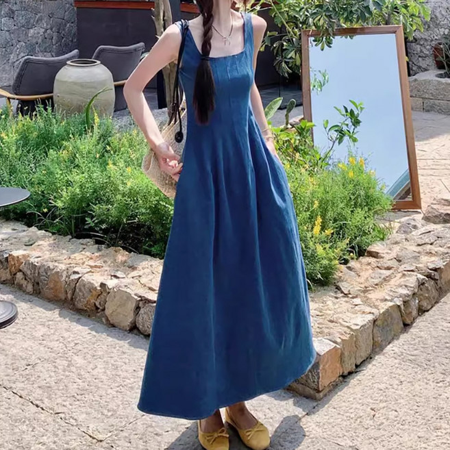 마켓에이 여성용 스퀘어넥 데님 롱 원피스 M261-0128BU