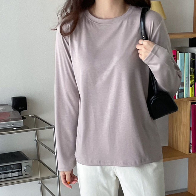 라라온 여성용 스판 라운드 무지 긴팔 티셔츠 TSP986