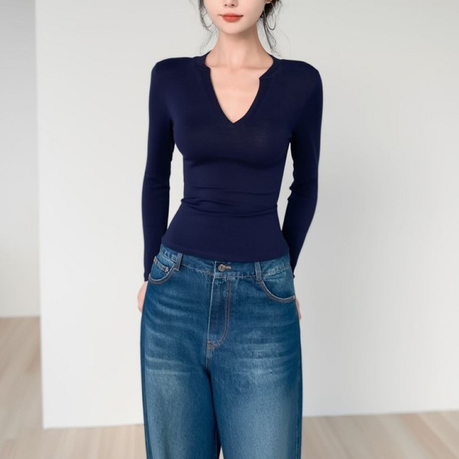 언헤브 여성용 딥브이넥 슬림 티셔츠