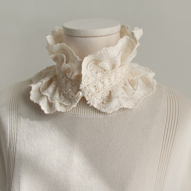 바비수 카츠 하이넥 페이크 카라 진주 레이스 넥케이프