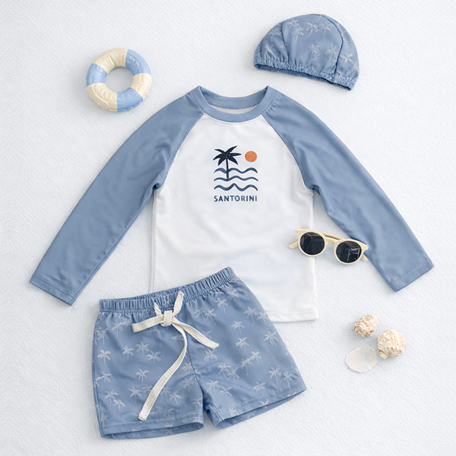 woojooi 兒童聖托里尼防磨衣上衣 + 下身 + 泳帽組