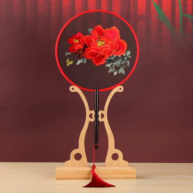 마켓피아 인테리어 장식 자수 그림 부채, 양면 재회 큰 붉은 모란, 1개