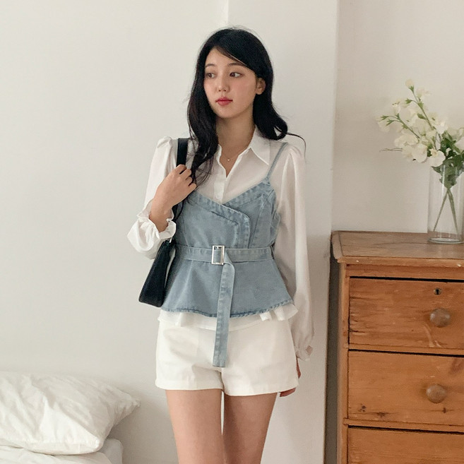 Linda Shop Labling 女性抓皺牛仔馬甲 + 襯衫套裝 cpvt1339k52