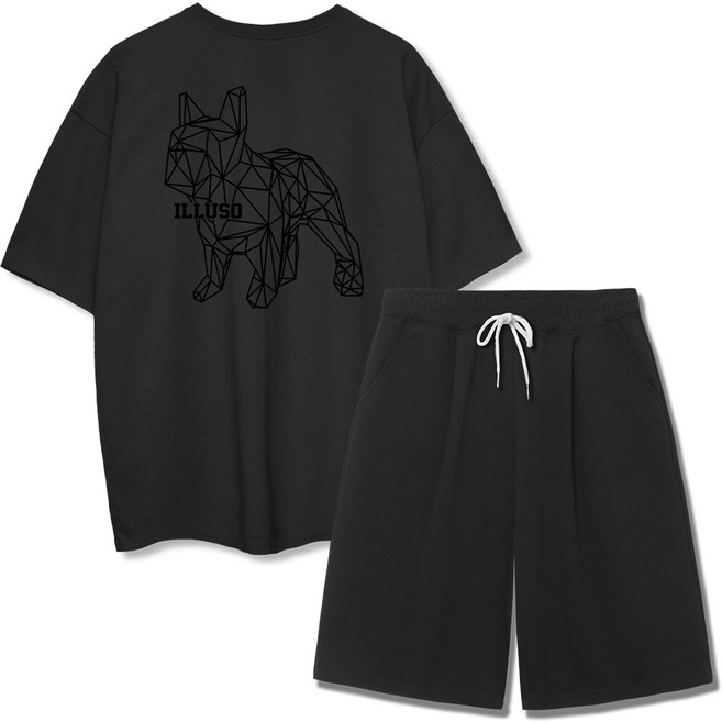 일루소 특양면 도그 반팔티 버뮤다 원턱 트레이닝 반바지 상하의 세트
