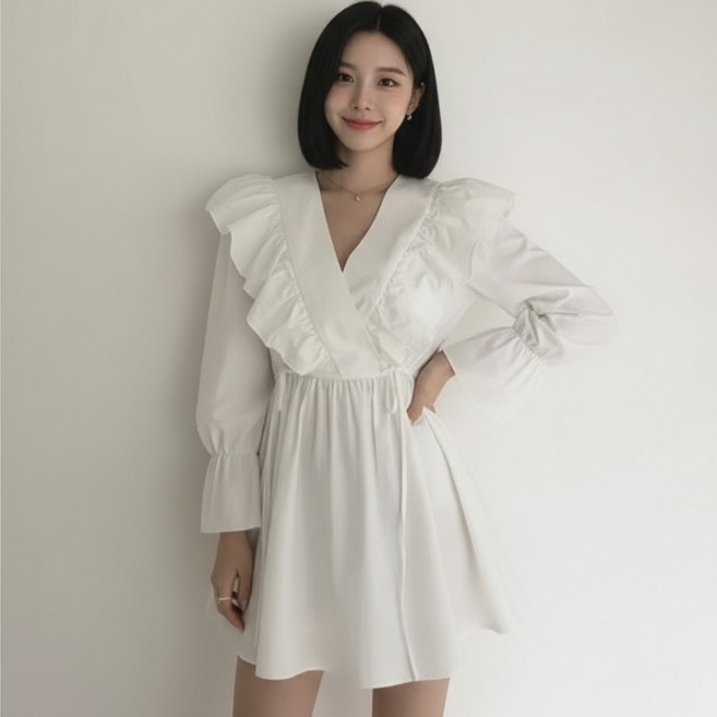 marketpia 女款抓皺V領傘狀迷你連身裙, 白色