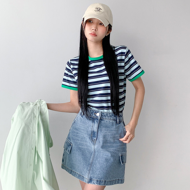 반에이크 여성용 배색 랍빠 스트라이프 티셔츠