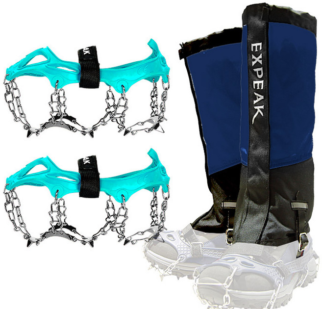 엑스피크 툰드라 13P 아이젠 + 하드케이스 + 피나클 롱스패츠 세트, 민트(아이젠), 네이비(스패츠)