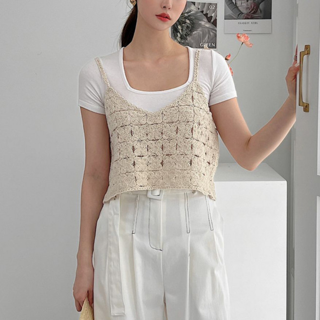 KnitNJean 女款棉質方領鉤織針織背心馬甲