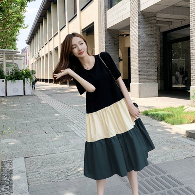 女款寬鬆圓領短袖長款連身裙, 綠色