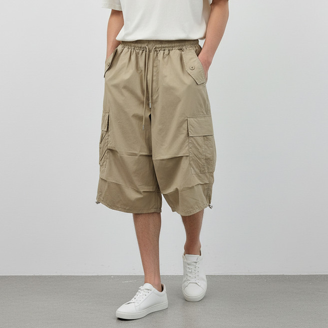 잘빠진 남녀공용 모브 7부 밑단 스토퍼 와이드 밴딩카고 버뮤다 팬츠