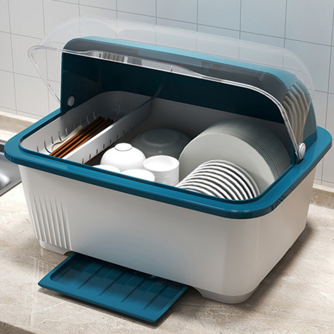 맙소샵 가정용 투명뚜껑 식기건조대 RK1539, 1단, 블루, 1개