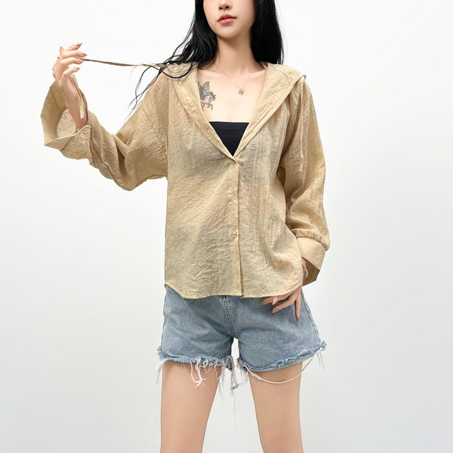 더시럽 여성용 신시아 시스루 후드 버튼 긴팔 셔츠