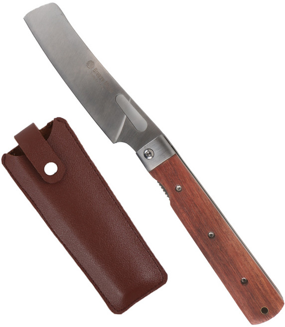 브리즈문 캠핑용 스테인리스 스틸 폴딩 휴대용 나이프 중식도 + 가죽 파우치 세트, 우드, 1세트