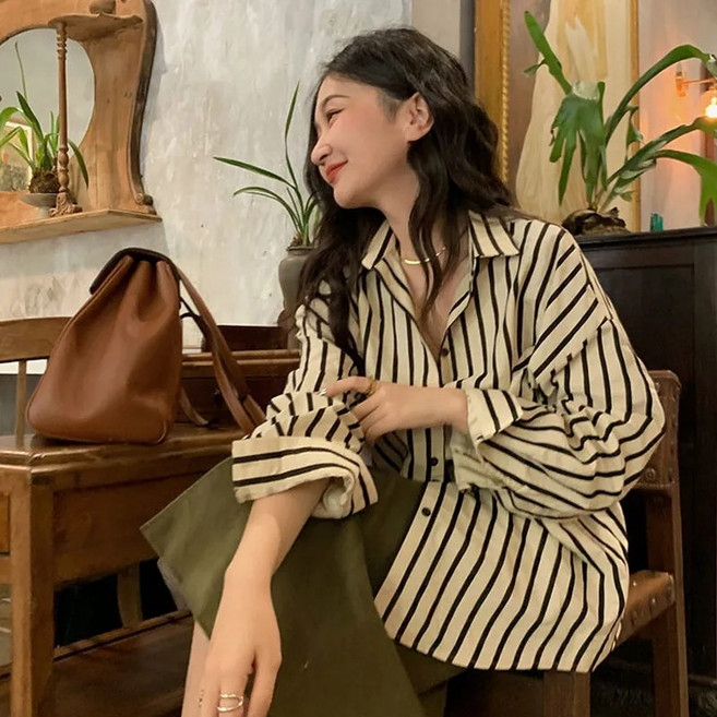 PEONIST 女款條紋翻領寬鬆版襯衫
